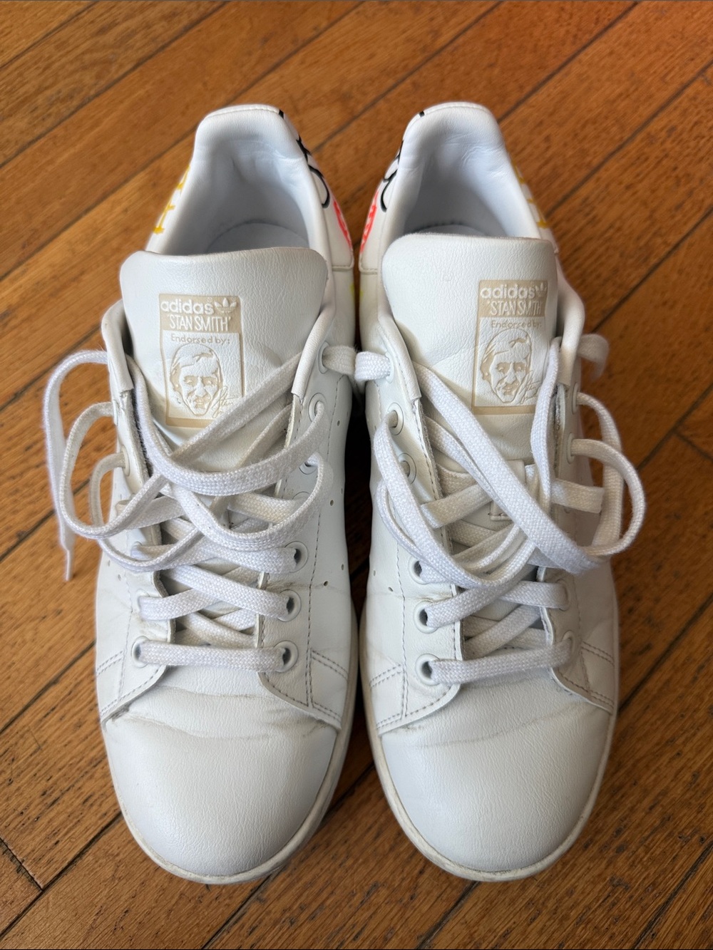 adidas White Leather Stan Smith Sneakers with Multicolor Heel Accents